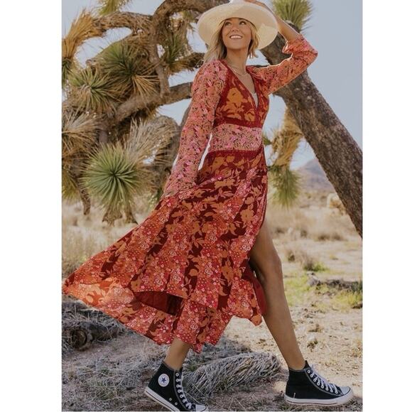 Free People Bohemian Retro 70s Gypsy Floral Tilda Maxi Dress Size Medium - Picture 3 of 15